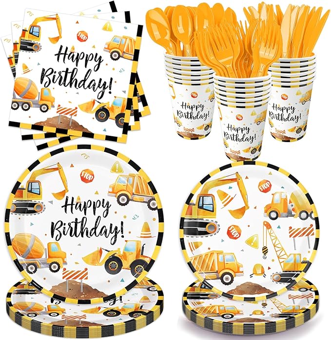Oigco Construction Birthday Party Supplies Construction Theme Decorations Includes Plates, Cups, Napkins, Cutlery, Perfect for Boys Kids Birthday Party, Serves 24 Guests