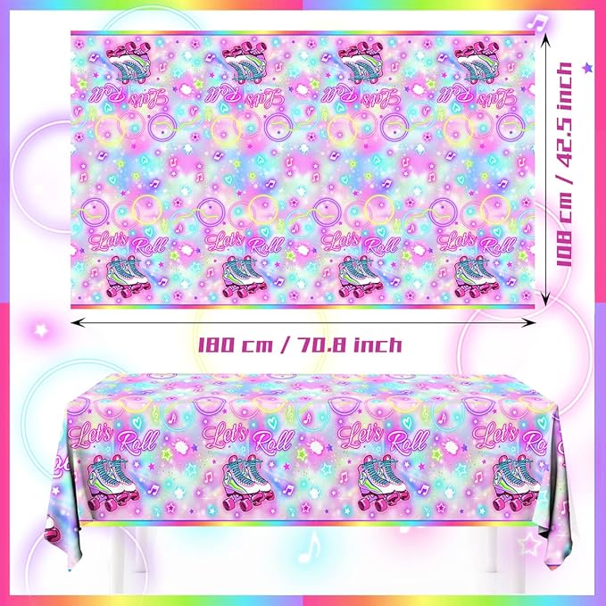 GREHUMOR 3pcs Roller Skating Table Covers Roller Skater Birthday Party Decorations Skate Table Covers Let's Roll Colorful Tablecloth Roller Skating Theme Party Supplies