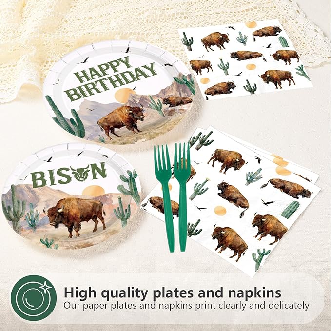 96Pcs Bison Happy Birthday Party Decorations Western Bison Birthday Plates and Napkins Sets Western Wild Highland Animals Cactus Decorations for Boys Girls Wild West Party Supplies Serves 24