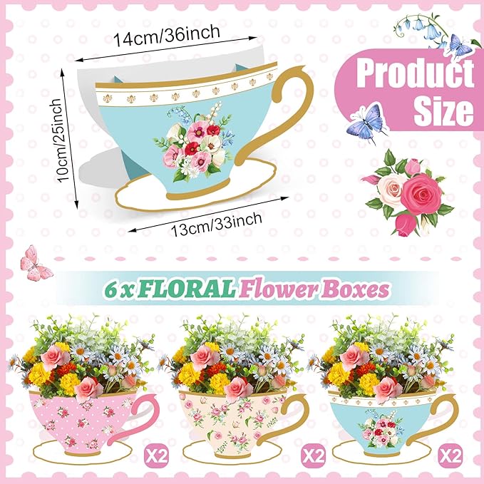 Yinder 6 Pcs Tea Party Decorations Princess Party Flower Boxes Centerpiece Floral Teapot Centerpiece for Floral Tea Themed Birthday Wedding Supplies(Fresh Tea Cup)