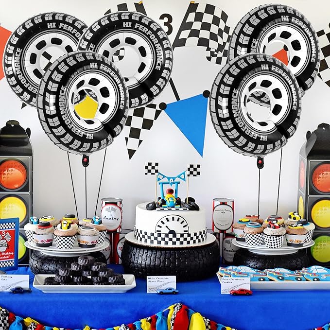 6 Pcs Large Wheel Balloons, 30 Inch Foil Tire Balloons Race Car Wheel Balloon, Race Car Party Decorations for Birthday Party Racing Theme Party Supplies