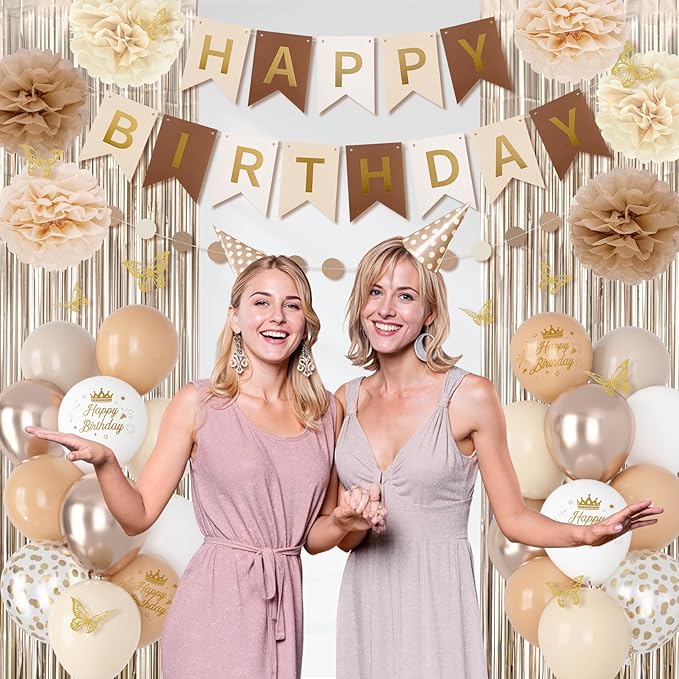 Neutral Birthday Decorations for Women Girls, White Sand Gold Confetti Metallic Printed Balloons Butterfly Stickers Fringe Curtain Happy Birthday Banner Circle Dots Paper Pompoms Party Decor Supplies