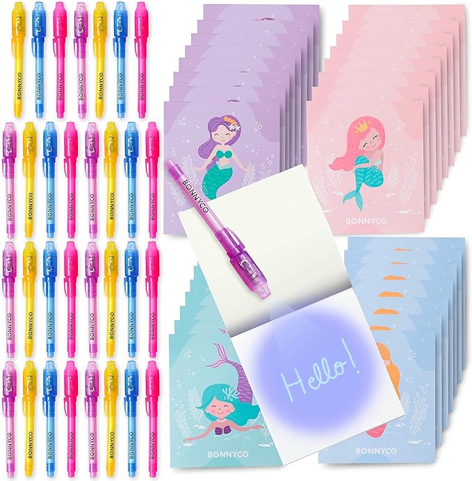 BONNYCO Invisible Ink Pen and Notebook Pack of 32 Mermaid Party Favors for Kids | Spy Pen Mermaid Party Supplies, Prizes for Kids | Magic Pen Birthday Party Favors, Prizes for Students