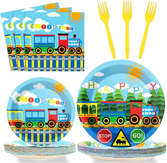 gisgfim 96 Pcs Train Plates and Napkins Party Supplies Train Birthday Party Tableware Set Train Theme Party Decorations Favors for Birthday Baby Shower Serves 24 Guests