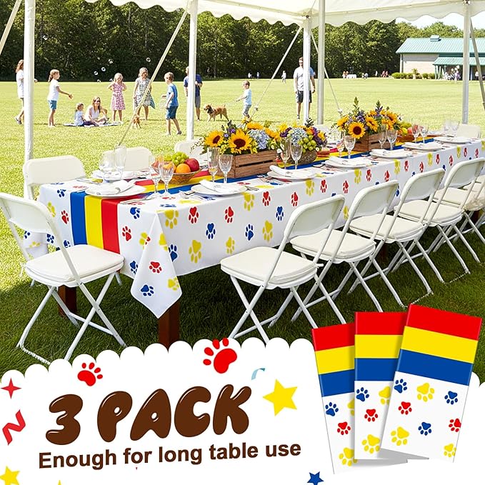 Newwiee 3 Pcs Puppy Paw Print Tablecloth Plastic Disposable Colorful Table Cover Dog Table Cloth 108 x 51'' Paw Print Party Supplies for Dog Pet Themed Party Decorations Favors (Red, Yellow, Blue)