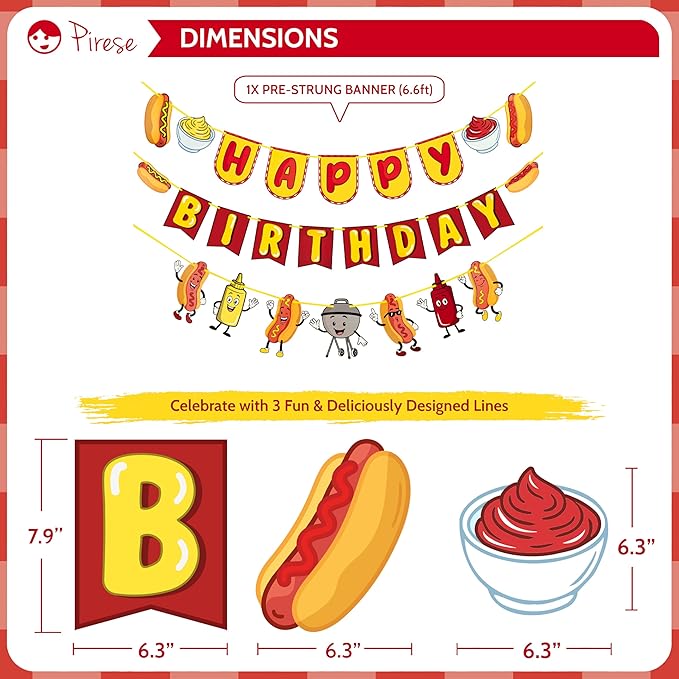 Pirese Hot Dog Birthday Decorations, Hot Dog Party Decorations with Pre-Strung Happy Birthday Banner, Hot Dog Balloons, Picnic BBQ Birthday Party Supplies, Hot Dog Birthday Party Decorations