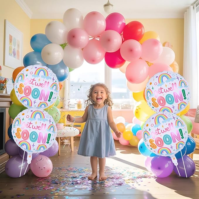 18 Inch Get Well Soon Foil Balloons Set, 4pcs Mylar Round Rainbow Balloon with GET WELL SOON Letter Print Helium Balloons for Kids Adults Hospital Recovery Cheer Up Thinking of You Party Decorations