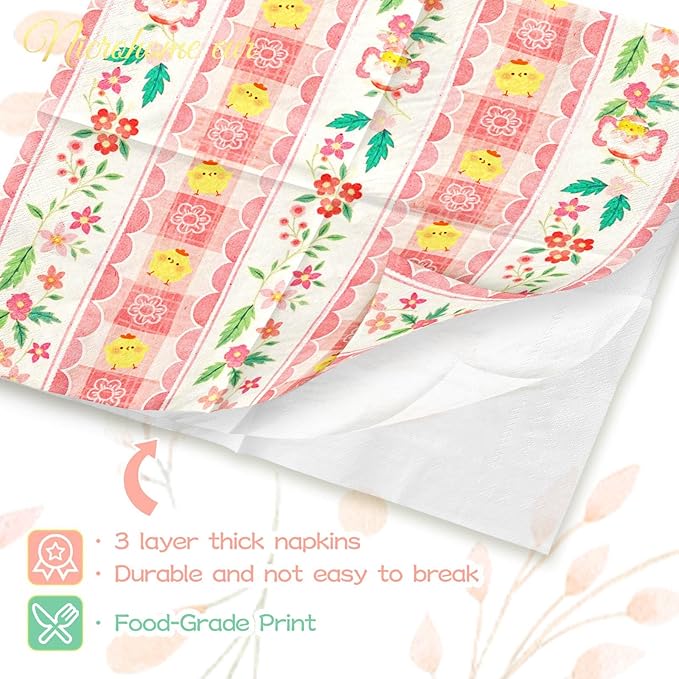Easter Napkins 24PCS, Pink Green Bunny Floral Paper Napkins, 3-Ply Disposable Happy Easter Napkins for Spring Holiday Party Baby Shower Wedding Birthday Table Napkins Decorations