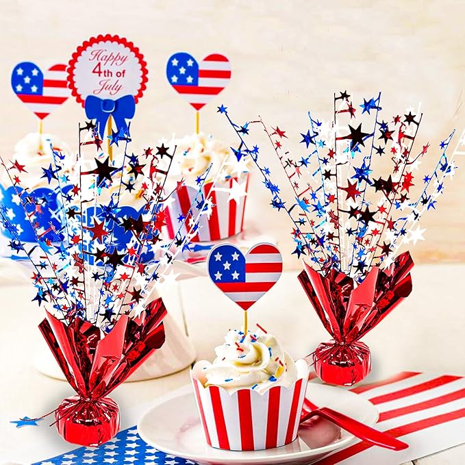 6 Pack 4th of July Table Centerpiece Decoration Metallic Foil Spray Star Burst Patriotic Decoration Independence Day Labor Day Veteran Day Memorial Day Party Supplies, Red White and Blue