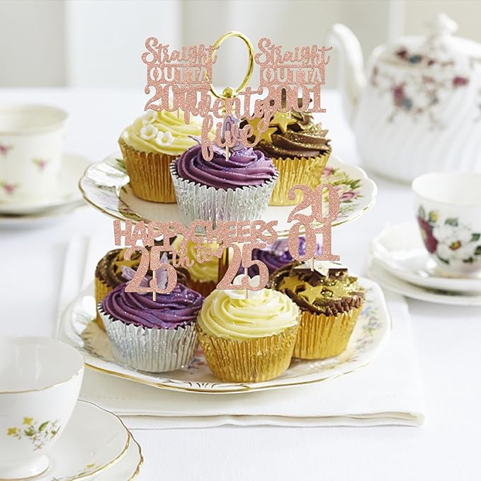 30PCS 25th Birthday Cupcake Toppers Glitter Twenty Five Happy 25 Straight Outta 2001 Cupcake Picks for Cheers to 25 Years 25th Birthday Anniversary Party Cake Decorations Supplies Rose Gold