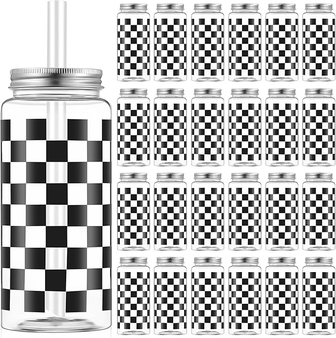 Patelai 24 Pack Race Car Cups 13.5 oz Plastic Tumbler with Lid and Straw Checkered Flag Party Supplies Clear Black Plaid Cups for Race Car Birthday Sports Themed Party Supplies