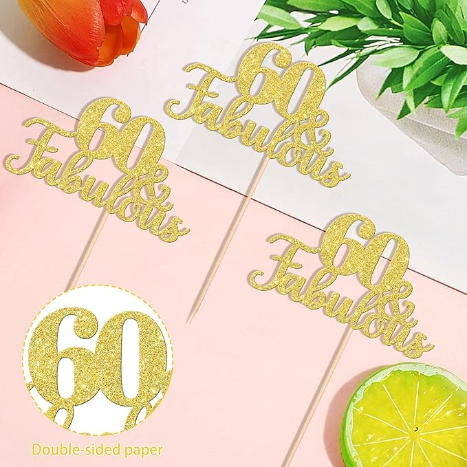 12 PCS 60 and Fabulous Centerpiece Sticks Double Sided Happy 60th Birthday Table Flower Centerpieces Sticks Cheers to 60 Floral Decorations for 60th Birthday Anniversary Party Supplies Gold