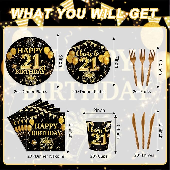120PCS 21th Birthday Decorations for Boys 21 Years Old Birthday Decorations Sweet 21 Plates Napkins Tablecloth for Boys Girls 21th Birthday Party Supplies