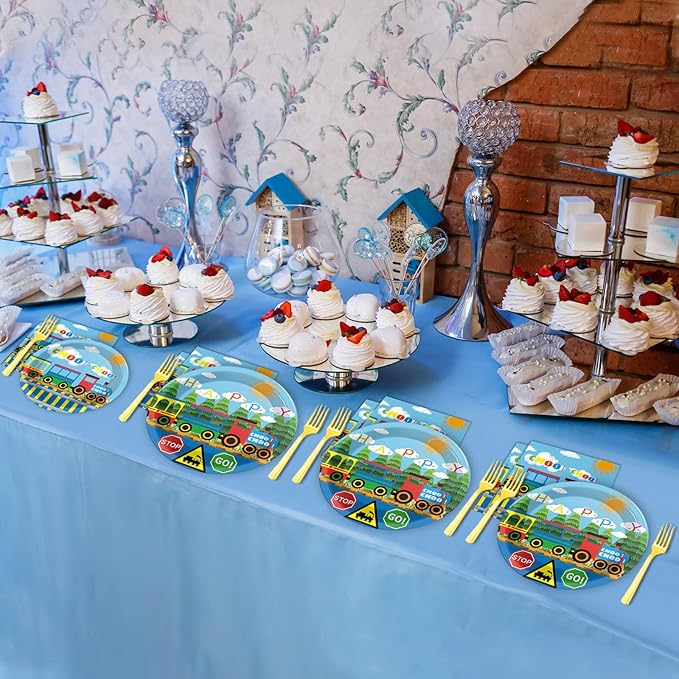 gisgfim 96 Pcs Train Plates and Napkins Party Supplies Train Birthday Party Tableware Set Train Theme Party Decorations Favors for Birthday Baby Shower Serves 24 Guests