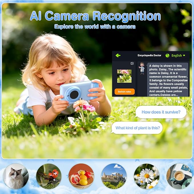 AI Digital Camera for Kids with WiFi, Photo Recognition & Voice Dialogue, 4" Touch Screen AI Kids Smart Camera with Dual Lens, Portable Learning Toy, Christmas Birthday Gift for Ages 3-15 (Blue)