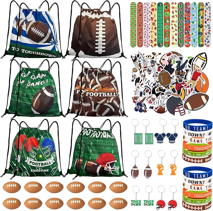 Yeepestmi 110Pcs Football Party Favors Drawstring Bags Football Goodie Bag with Mini Ball, Wristband, Slap bracelets, Keychains, Stickers for Football Party Supplies