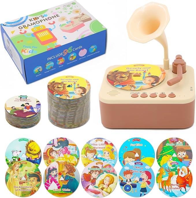 Kids Gramophone with 96 Learning Cards, Kids Record Player, Storytelling Machine and Toddler Music Player for Early Education, Phonograph Toy for Kids Ages 3+