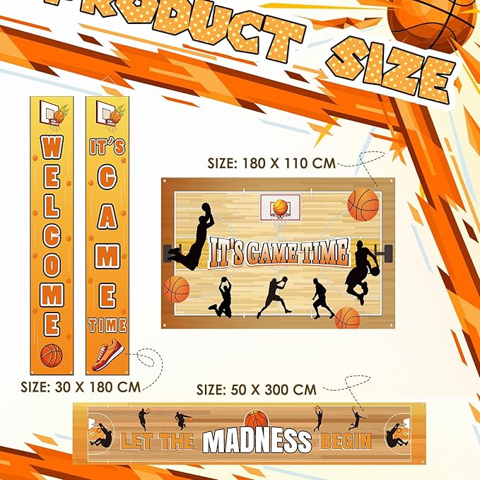 Ctosree 4 Pcs Basketball Backdrop Let The Madness Begin Banner Decoration Basketball Party Supplies It's Game Time Touch Down Wall Door Sign Decor for Sport Game Birthday Party Favors
