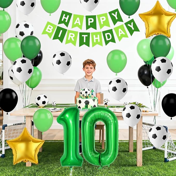 Soccer Birthday Party Decorations for Boys, 10th Soccer Birthday Decoration with Green Black White Balloons 'HAPPY BIRTHDAY' Banner Cake Toppers 32in Foil 10 Balloon for Boys Sports Party Decor