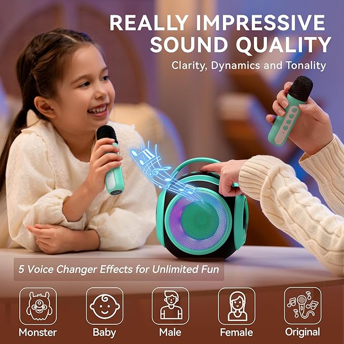 All Rounder Karaoke Machine for Kids Teens, Portable Bluetooth Karaoke Speaker with Two Mics, Voice Changer, Light Effect, Bass Tremolo, Gifts Toys for Girl, Supports USB/TF/AUX for Home Party (Green)