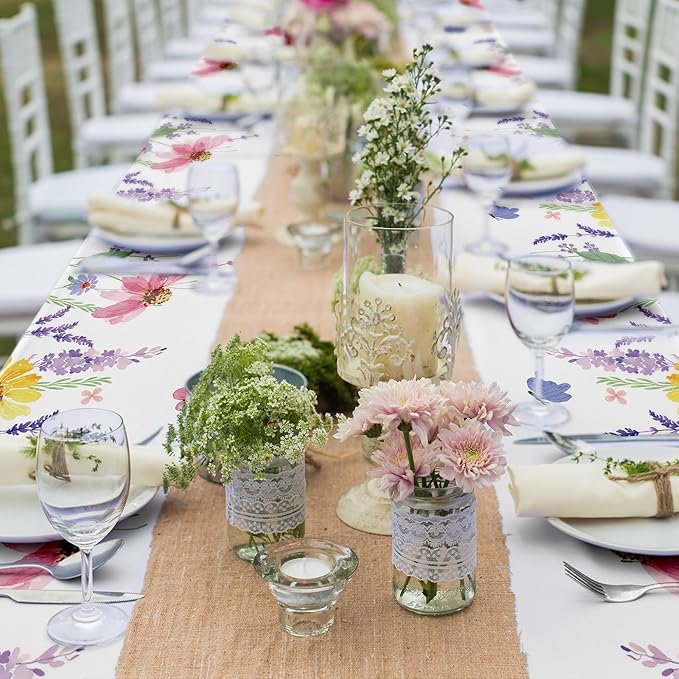 Kochorie Spring Flower Tablecloth Roll with Cutting Box 54 Inch x 100 Feet Butterfly Wildflower Plastic Disposable Tablecloth Picnic Themed Backdrop Tea Party Supplies for Holiday Weeding Birthday