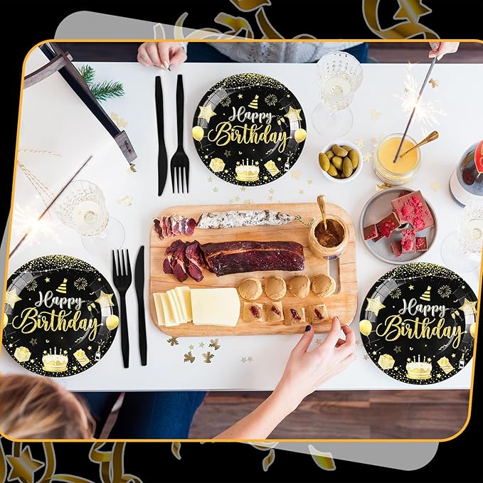 Vesici 350 Pcs Happy Birthday Party Supplies Disposable Party Tableware Set Serves 50 Included Plates Napkins Cups Cutlery for Men Woman 50th 80th Birthday Party Decorations (Black Gold)
