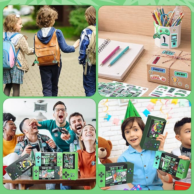 195 Pcs Video Game Party Favors for Kids Gamer Goodie Bag Stuffers Gaming Birthday Party Supplies with Gift Boxes, VIP Pass, Balloons, Bracelets, Keychains, Badges, 3D Stickers (Green)