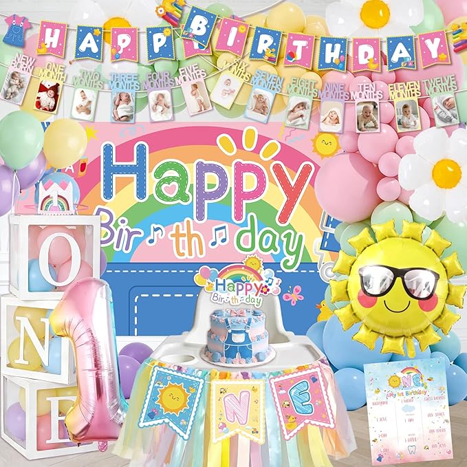 135 pcs Rachell English Teacher Party Supplies, 1st Birthday Decorations Girl & Boy, Photo Banner Balloons Poster Crown High Chair Banner Cake Topper Cartoon Theme Backdrop for Kids Birthday Decor