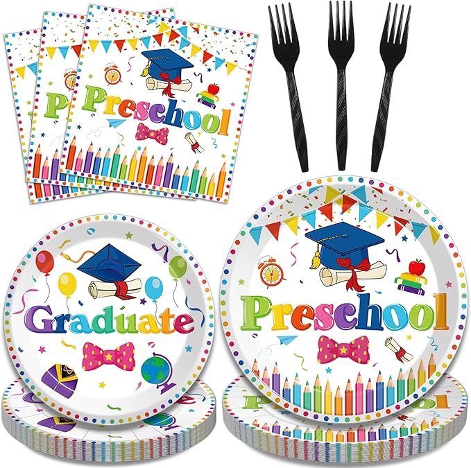 96pcs Preschool Graduation Party Plates and Napkins Set, Pre-K Grad Party Supplies Decorations Preschool Kindergarten Graduation Disposable Paper Plates for Boys Girls, Serves 24 (White)