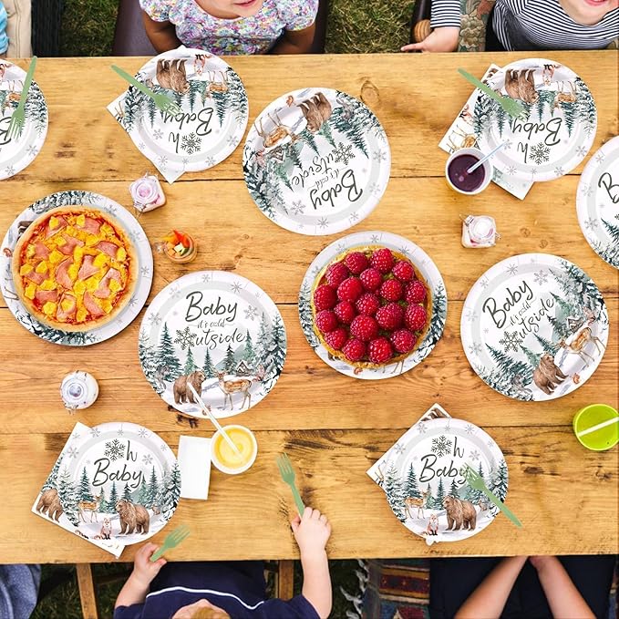 200Pcs Baby It's Cold Outside Plates and Napkins Disposable Winter Onderland Baby Shower Decorations Winter Snowflake Animals Woodland Tableware Sets for Girl Boy Shower Birthday Supplies Serves 50
