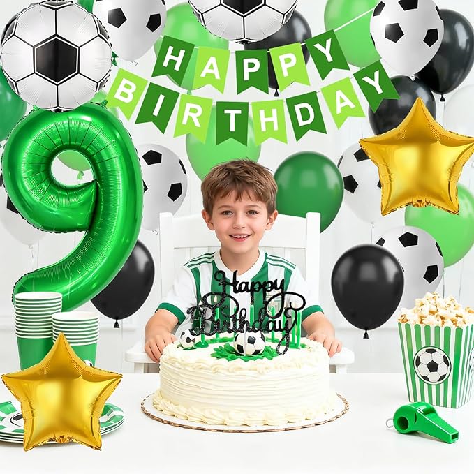 Soccer Birthday Party Decorations for Boys, 9th Soccer Birthday Decoration with Green Black White Balloons 'HAPPY BIRTHDAY' Banner Cake Toppers 32in Foil 9 Balloon for Kids Boys Sport Party Decor