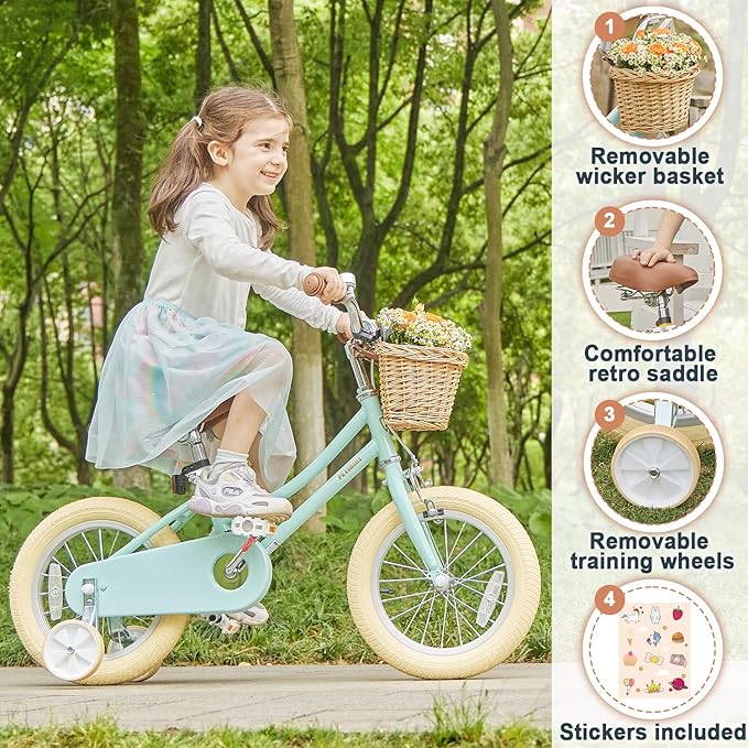 Petimini Vintage Kids Bike for Girls, 12–20 Inch Classic Bicycle with Wicker Basket & Bell, High Tensile Steel Frame, Training Wheels (12–18”), 85% Pre-Assembled, Retro Bike for Outdoor Riding