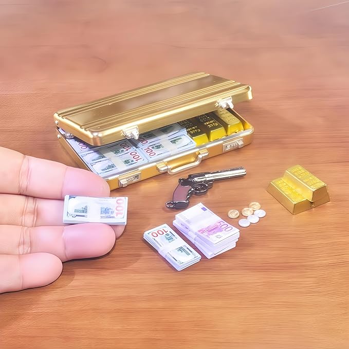 1:6 Scale Miniature Briefcase Set - Includes Fake Gold Bars, Bundles of $100 Mini Dollar Bills, Vintage Coins and Mini Weapons - Unique Adult NoveltyToy & Dollhouse Accessories (Golden)