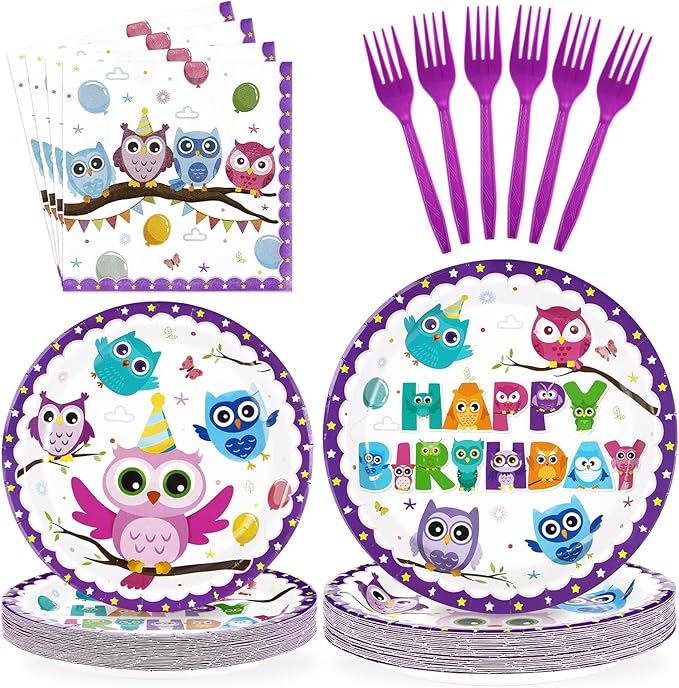 96 Pcs Owl Birthday Party Supplies Cute Cartoon Owl Paper Plates and Napkins Disposable Animal Owl Theme Tableware Set Owl Birthday Party Decorations for Kids Boys Girls Birthday Baby Shower Serves 24