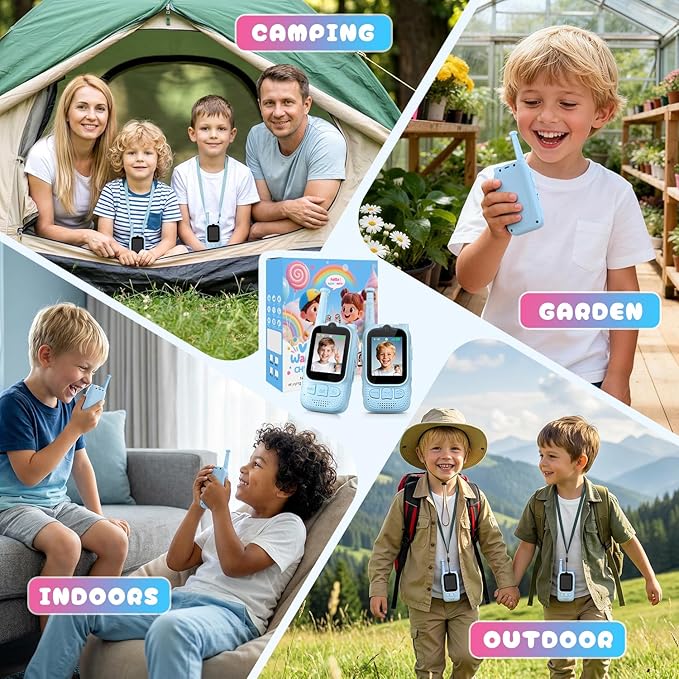 Kids Audio/Video Walkie Talkies, 2 Pack Rechargeable Walkie Talkies for Kids with 2’’ Screen & Camera & Voice Changer, Long Range Boys Girls Toys for Indoor Outdoor Camping Hiking Games (Blue/Blue)