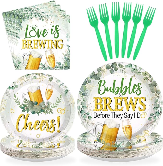 96Pcs Bubbles and Brews Bridal Shower Party Decorations Sage Green Gold Cheers Bubbles and Brews Before I Dos Plates and Napkins Sets for Bachelorette Engagement Wedding Party Supplies Serves 24