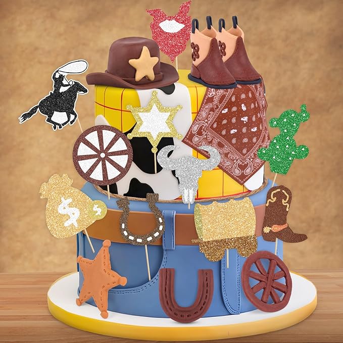 Hooqict 18Pcs Cowboy Cake Decorations Set with Mini Cowboy Hat and Boots, Western Cake Toppers & Rodeo Cupcake Toppers for Wild West Country Themed Birthday Party Decorations Favors