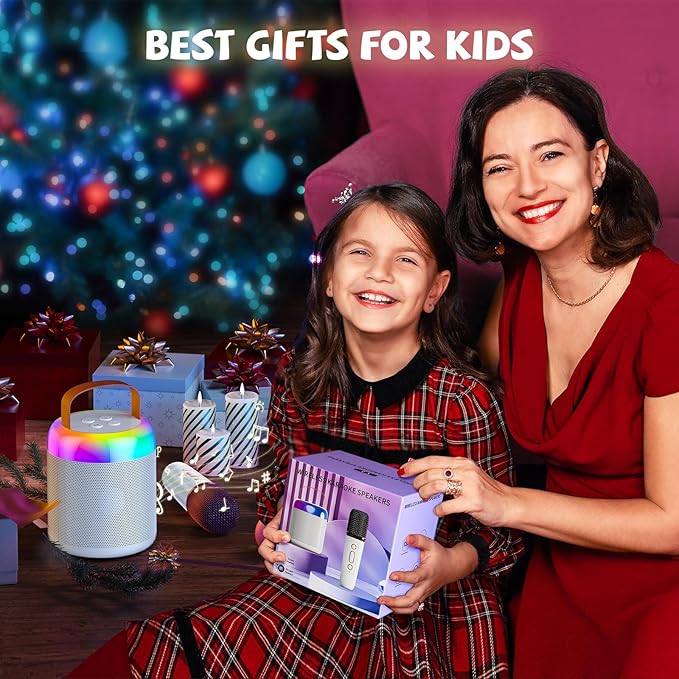 Mini Karaoke Machine for Kids, Portable Bluetooth Speaker with Wireless Microphones, Gift for Girls Toys 4, 5, 6, 7, 8, 10, 12+ Years Old Birthday Family Home Party(Y2-White-1 Mic)