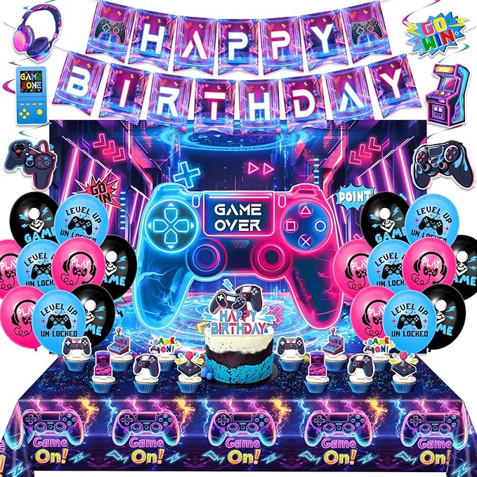 45Pcs Gamer Birthday Party Decorations - Gaming Party Supplies with Backdrop, Banner, Tablecloth, Balloons, Swirls & Cake Toppers for Video Game Theme, Colorful