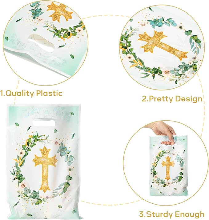 50Pcs Cross Party Favor Bag Baptism First Communion Waterproof Goodie Bag with Die Cut Handles God Bless Church Religious Plastic Gift Bags for Kids Birthday Baby Shower Decoration Supplies
