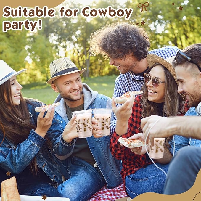 100 Pcs Western Plastic Cups 12 oz Clear Disposable Plastic Cowboy Cowgirl Drinking Cups Bulk for Boho Preppy Baby Shower Birthday Wild West Party Decoration Supplies(Cowboy Shoes,Brown)
