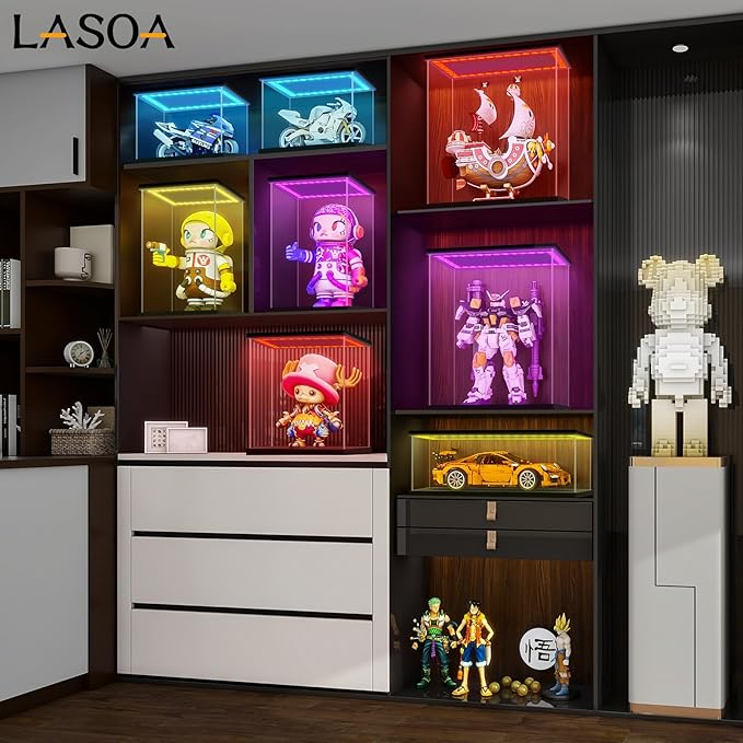 LASOA Acrylic Display Case with RGBW Color Changing LED Light, Clear Display Box for Action Figures and Collectibles, Self-Assembly Dustproof Showcase with Black Base, 11.8x11.8x15.7inch