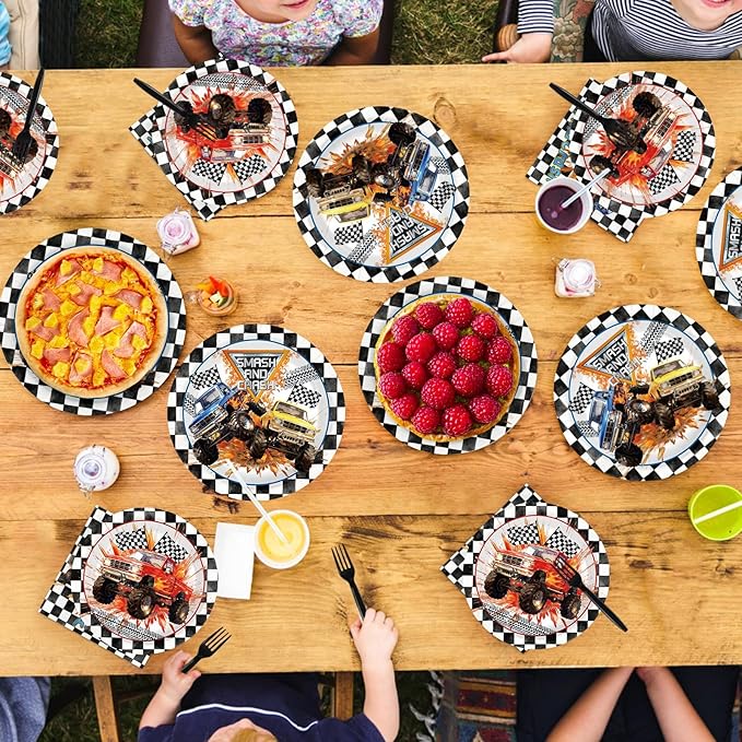 200Pcs Truck Party Decorations Red Blue Yellow Truck Theme Plates and Napkins Car Racing Theme Tableware Set for Boys Kids Birthday Baby Shower Racing Car Party Supplies Serves 50