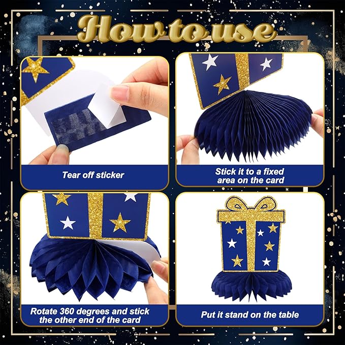 12 Pcs Thank You Decorations Honeycomb Centerpiece Employee Appreciation Decor We Appreciate You Table Decorations Thank Table Topper for Doctor Employee Party Supplies(Gold and Blue)