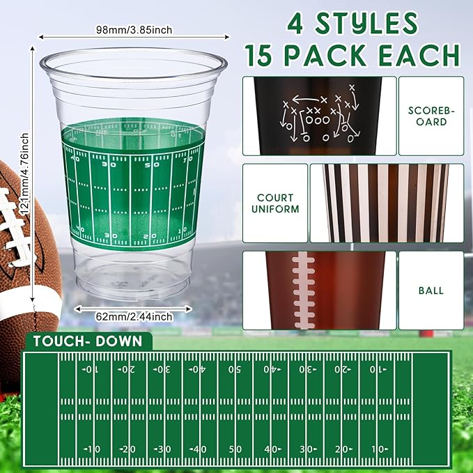 Qinyoung 60 Pcs 16oz Football Party Decorations Football Tailgate Plastic Disposable Clear Cups for Events Sports Birthday Themed Tableware Party Supplies