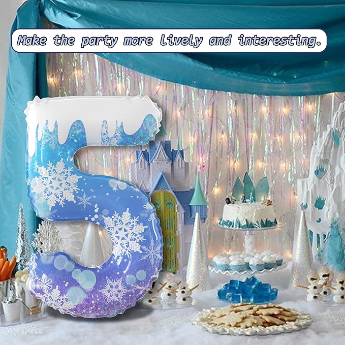 40 Inch Frozen Balloon Number 5 Birthday Balloons Decorations for Girls Birthday Snowflake Themed Party Supplies Winter Party Decorations (Blue Snowflake, number 5)