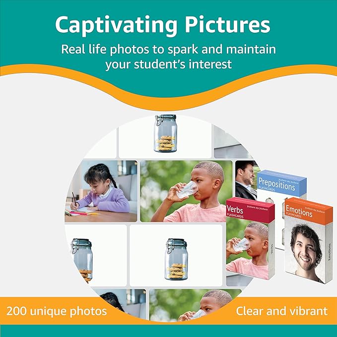 Picture My Picture Verbs, Prepositions and Feelings Flash Card Set– Speech Therapy Tool for Vocabulary, Communication & Thinking, with Activity Guide, Suitable for Education, ESL & ABA – Set of 120