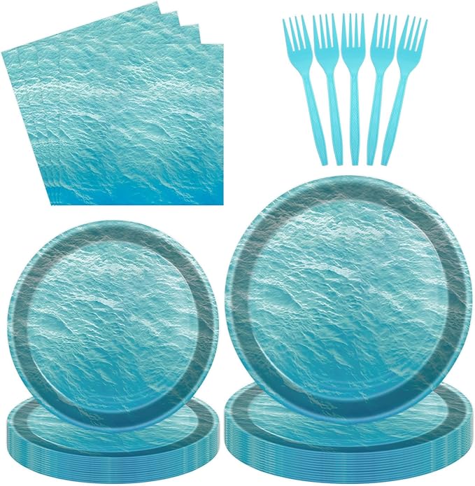 96 Pcs Ocean Sea Plates and Napkins Party Supplies, Ocean Waves Paper Plates Napkins and Forks Disposable Tableware Set for Summer Baby Shower Birthday Party Decorations Serves Serves 24 (Ocean)