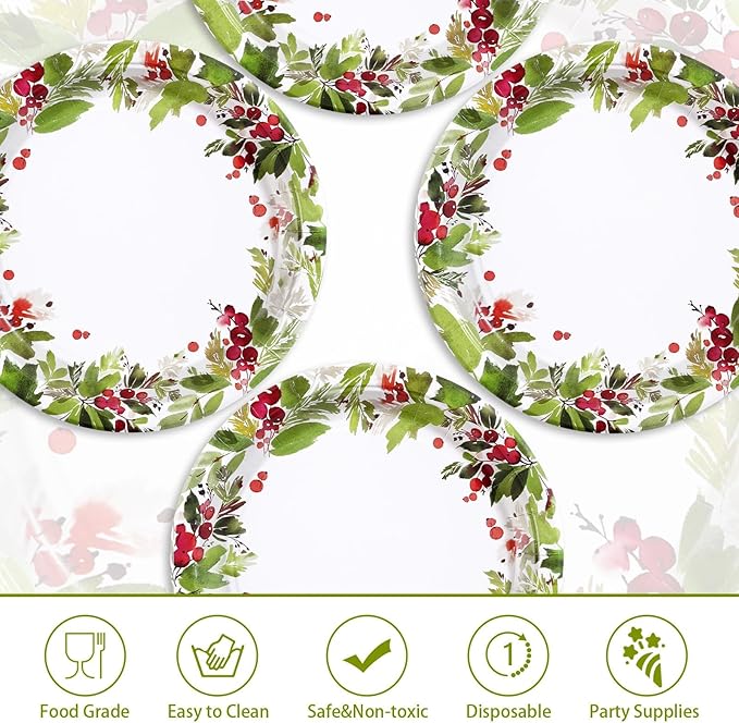 50Pcs Christmas Paper Plates 10" Watercolor Holly Plates Disposable Mistletoe Berry Platter Dinner Tableware Christmas Party Decorations for Seasonal Winter Holiday Party Supplies