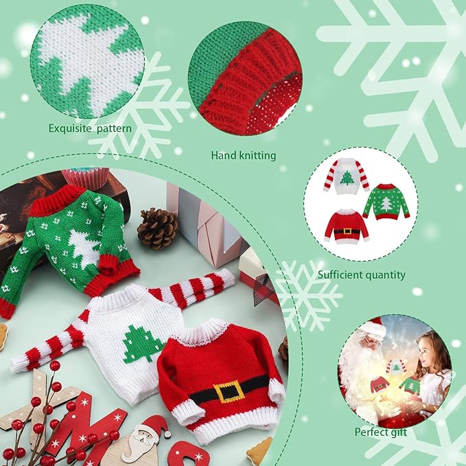 Aoriher 3 Pcs Christmas Doll Clothes Christmas Accessories Outfit Small Sweater Set Knitted Clothing Elk Xmas Santa Tree Snowflake Xmas Doll Accessories(Natural Style)